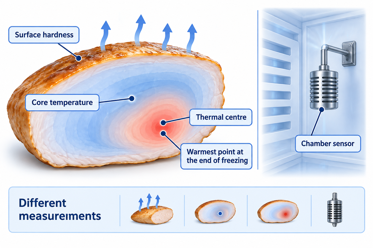 The thermal centre is the warmest point at freezing completion and need not be the geometric centre; Codex CXC 8.