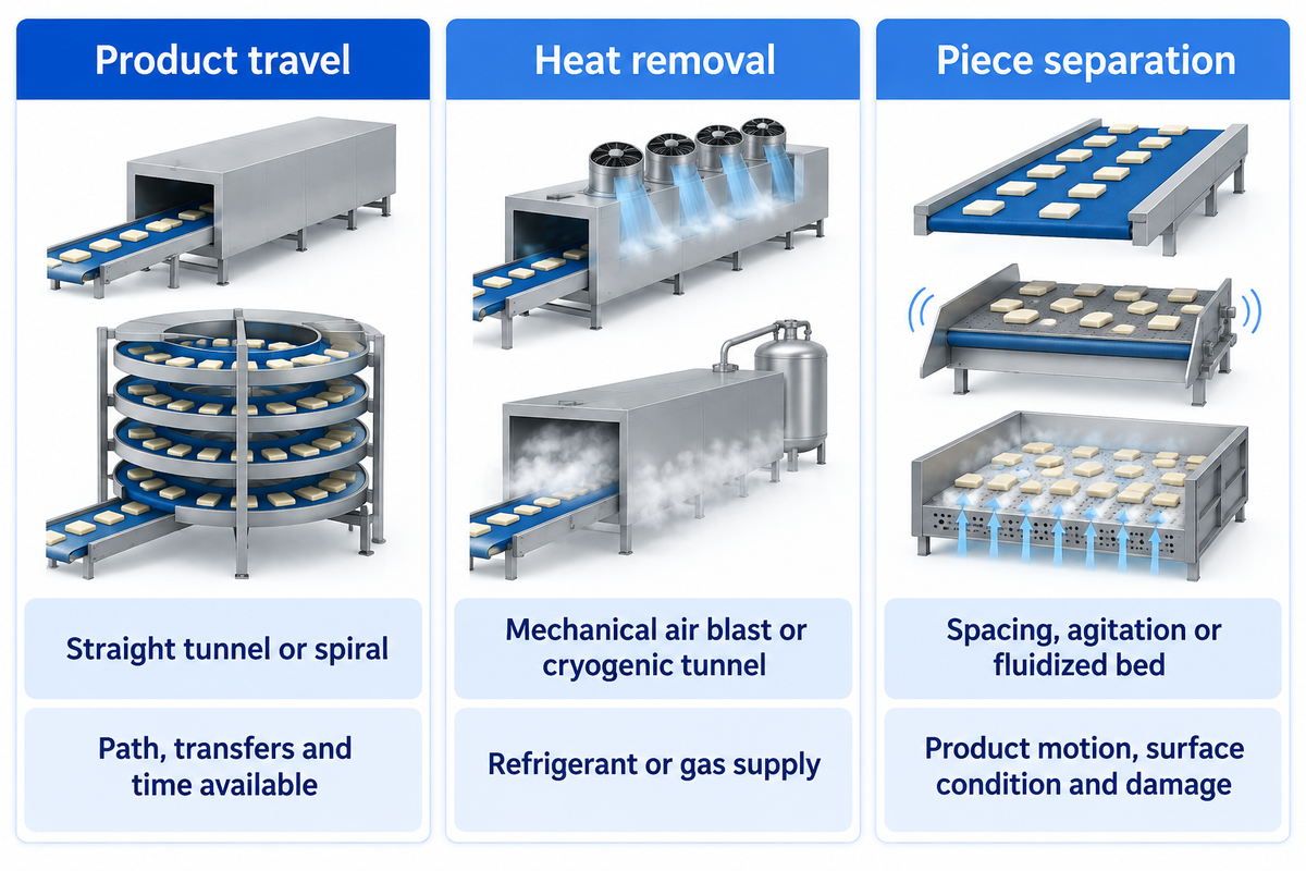 Tunnel and spiral describe travel; mechanical and cryogenic describe cooling; spacing and fluidization describe handling; FAO.