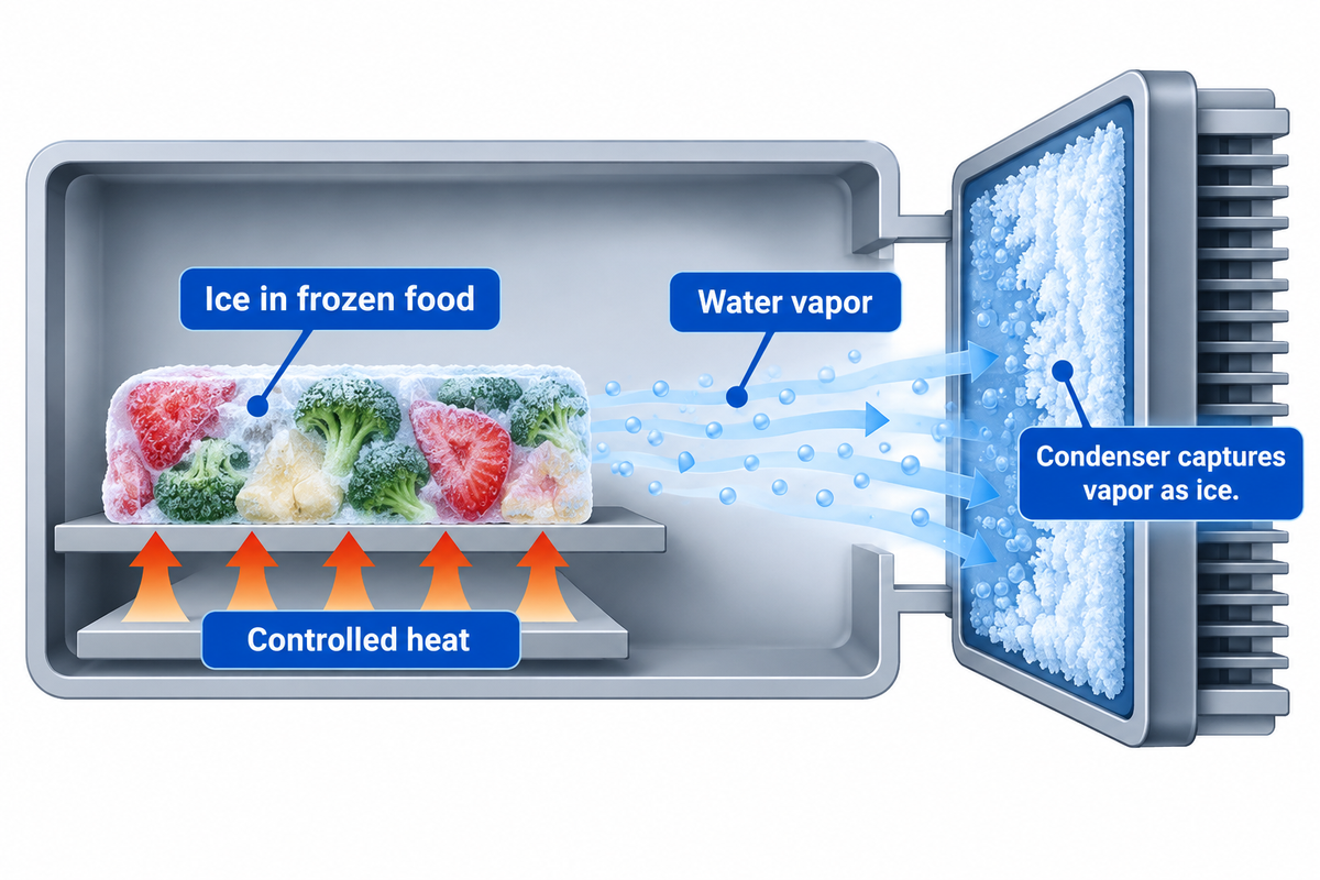 Frozen food receives heat while ice sublimes and vapor moves to a cold condenser