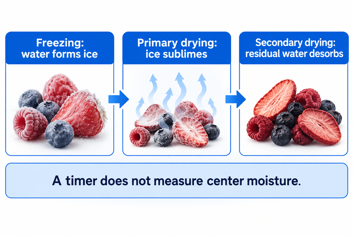 The three freeze-drying stages remove different forms of water; a programmed timer is not a moisture measurement