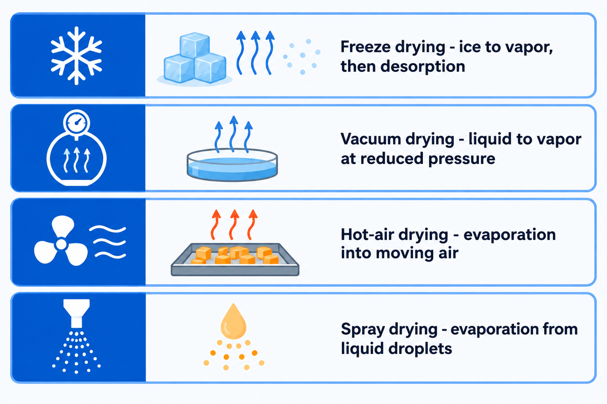 Freeze drying, vacuum drying, hot-air drying and spray drying use different moisture-removal routes