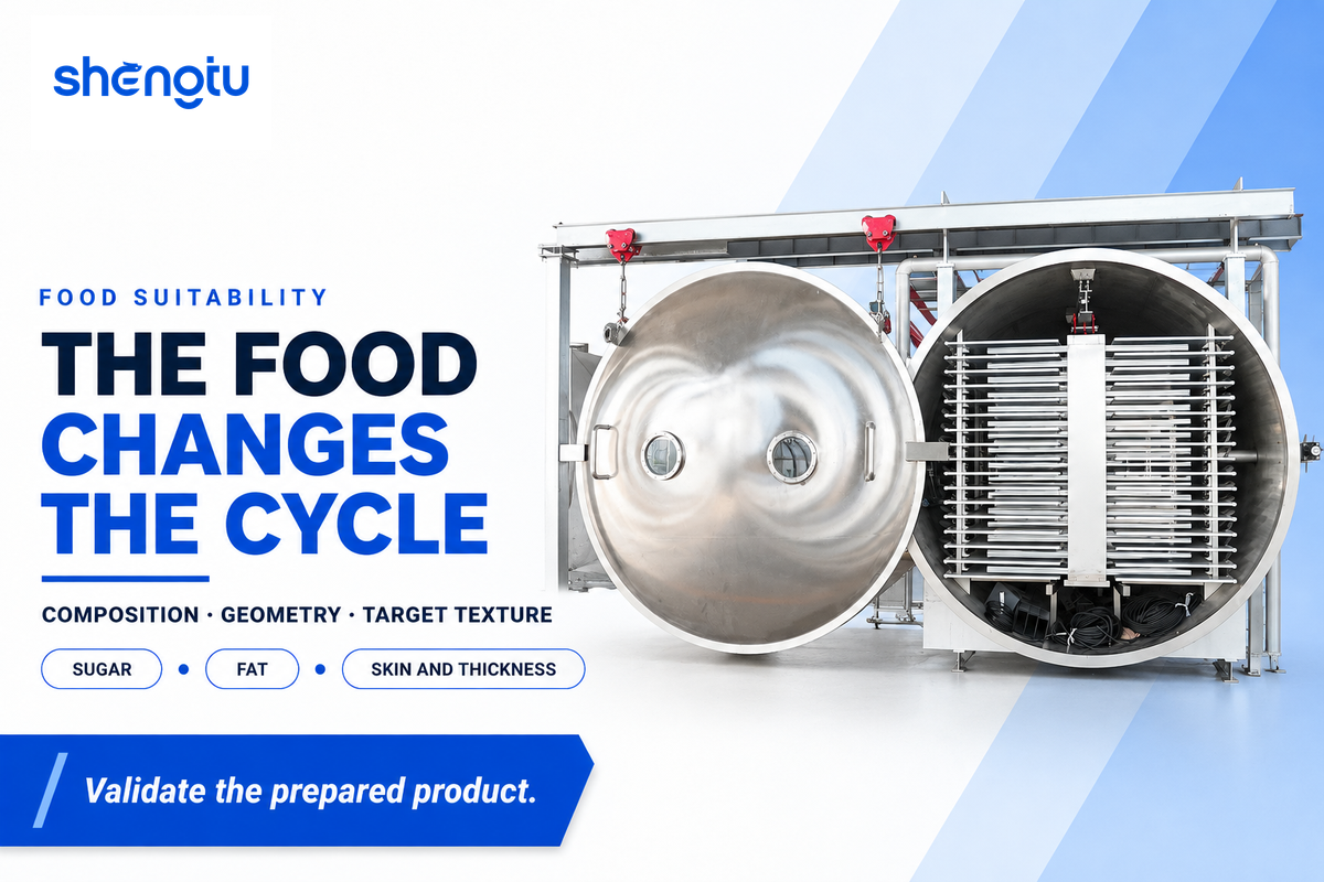An empty industrial freeze-dryer shelf assembly illustrates why food composition, shape and target texture need a product trial