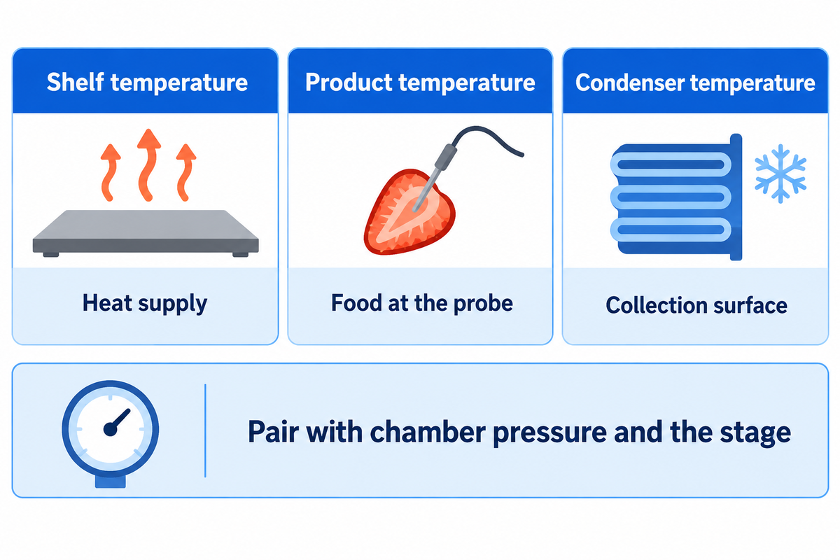Shelf, product and condenser temperatures describe different locations and must be read with chamber pressure