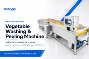 Vegetable washing and peeling machine guide for matching produce, soil, finish, damage and yield